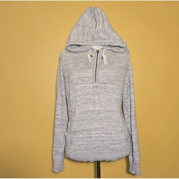 L.O.G.G. by H&M Grey White Denim Color Knit Womens 1/4 Zip Hoodie Kangaroo Large - Picture 1 of 8